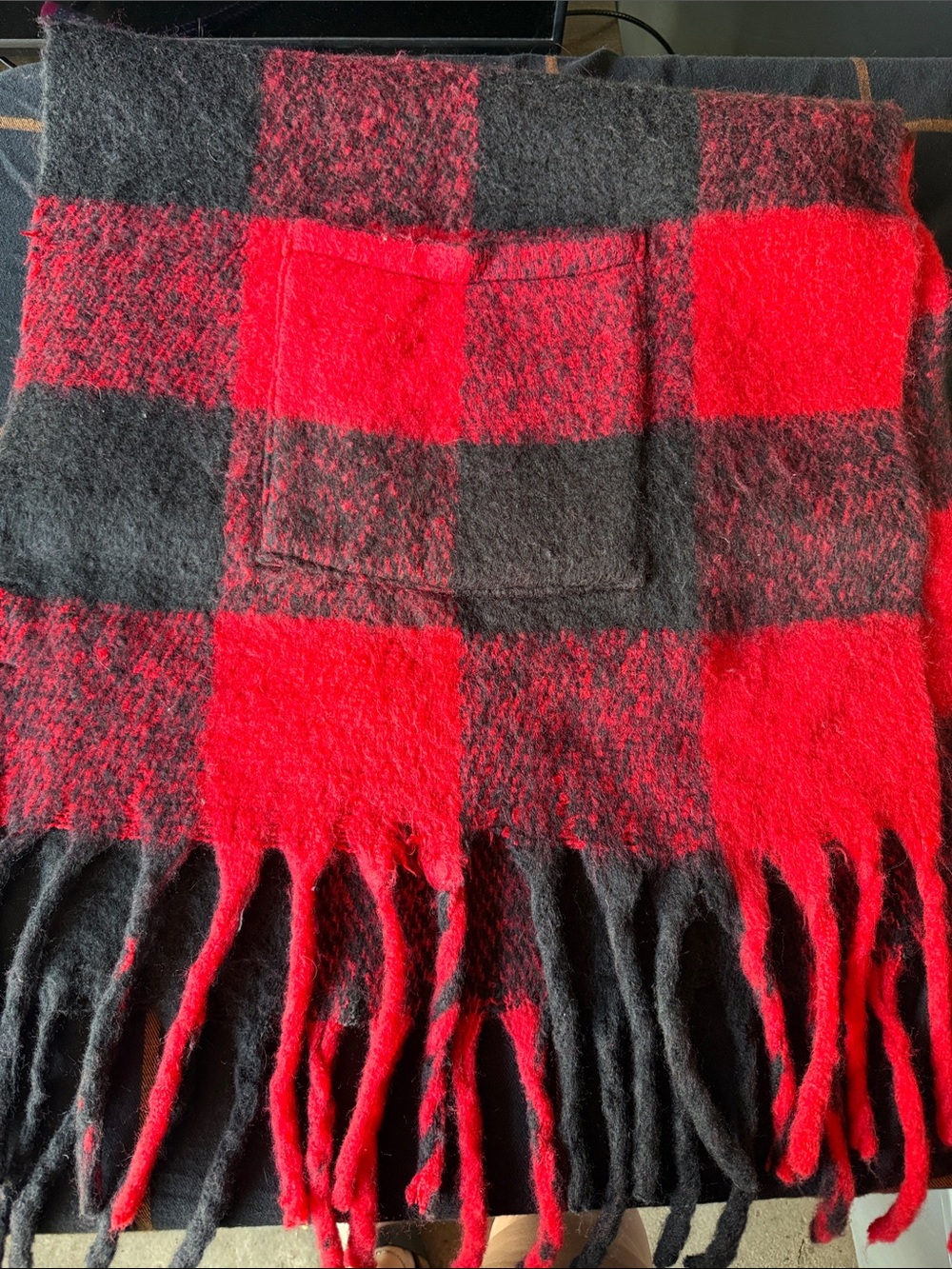 Steve Madden Red and Black Plaid Fringe Wrap Scarf